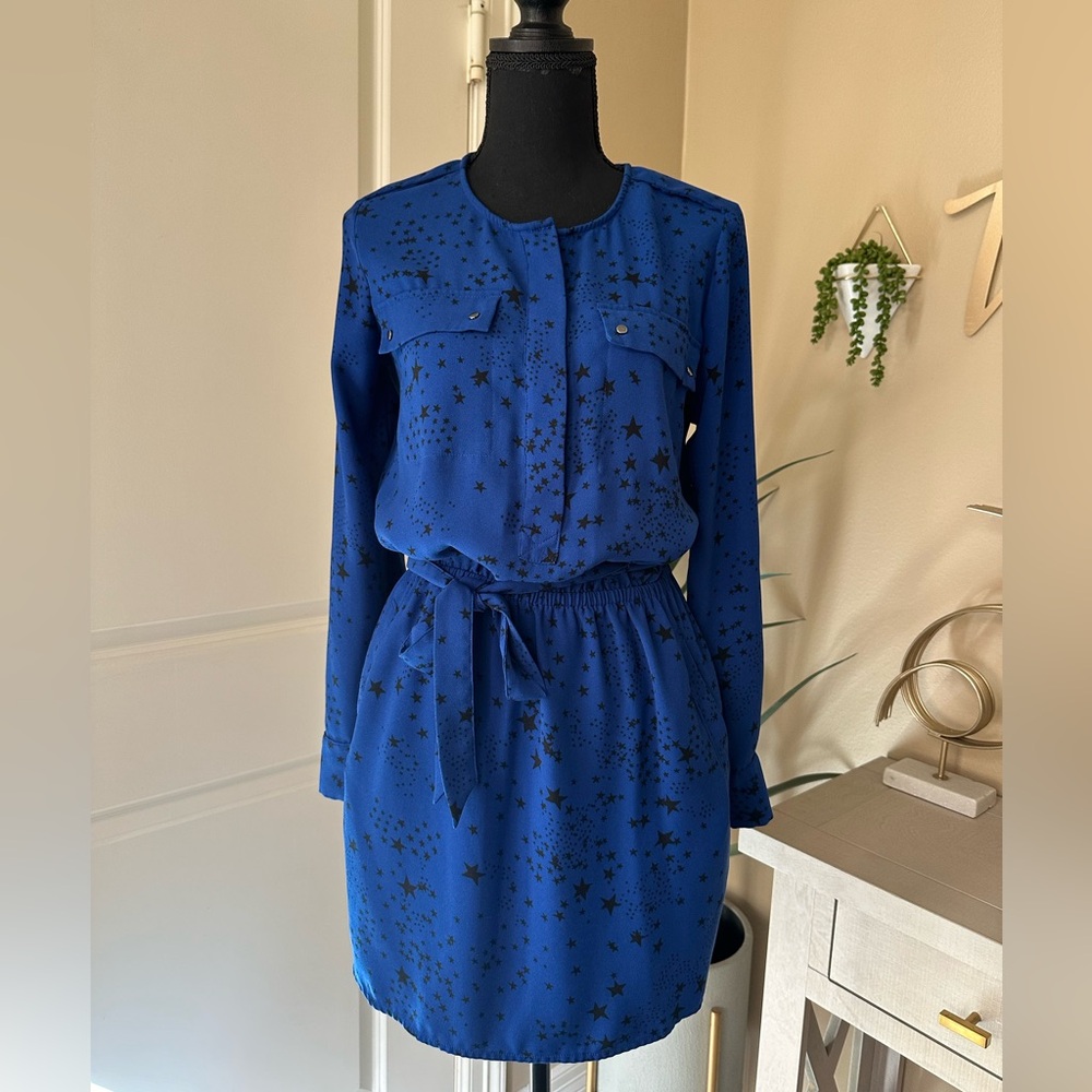 Royal Blue Buttoned Tie Front Knee-Length Dress